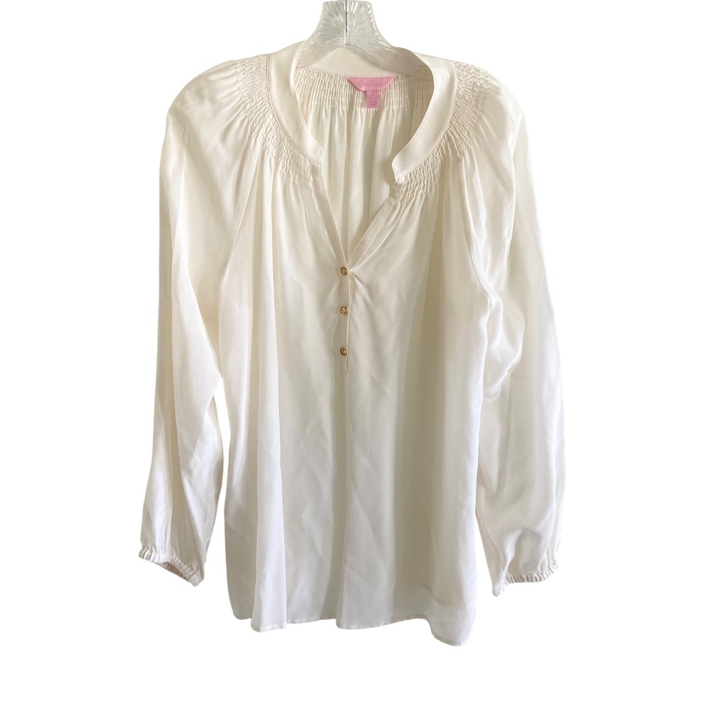 Lilly Pulitzer White 100% Silk Smocked Neck Button Front Blouse Large